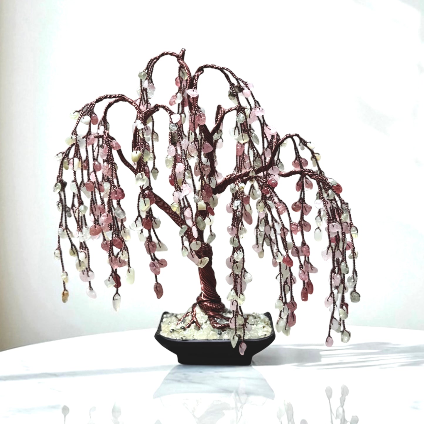 Prehnite, Jade,Strawberry quartz, Rose quartz Willow Crystal Tree