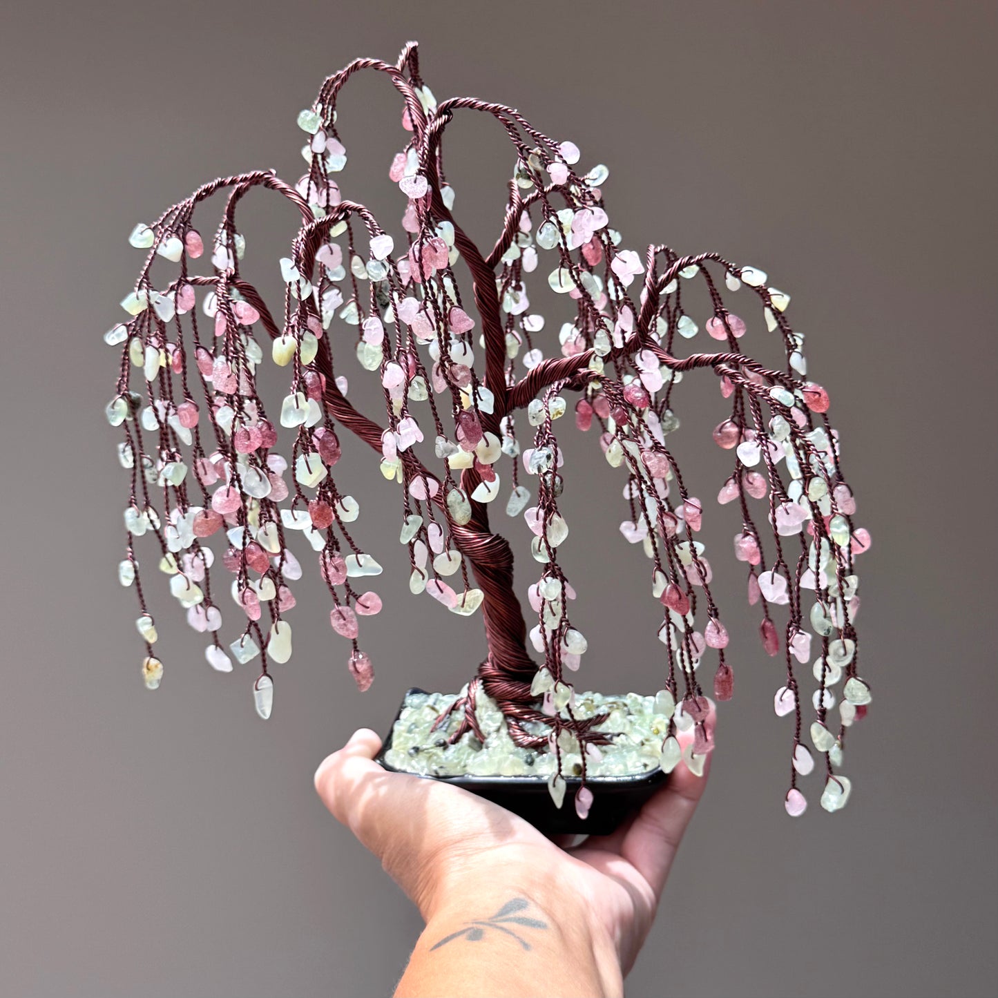 Prehnite, Jade,Strawberry quartz, Rose quartz Willow Crystal Tree