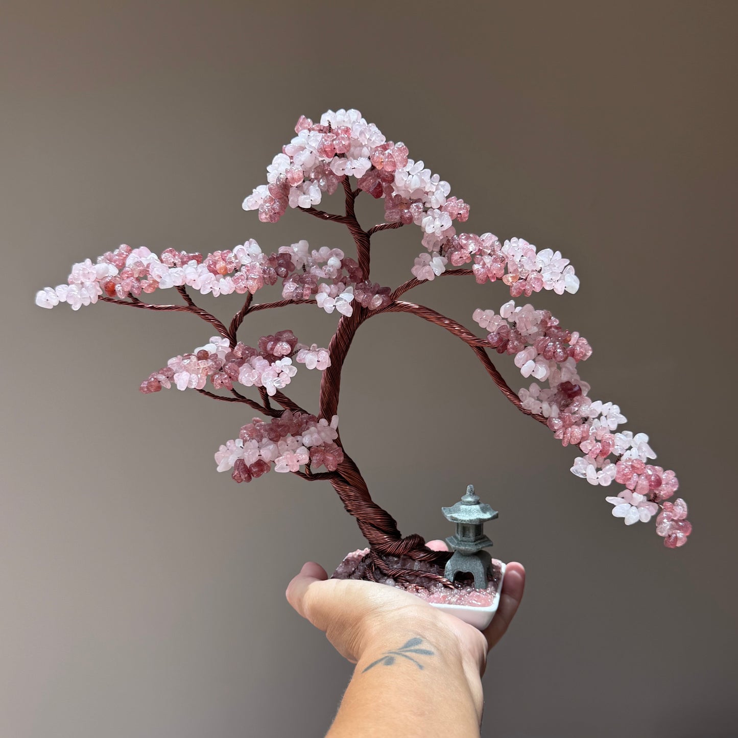 Large Strawberry- Rose Quartz Pagoda Bonsai Crystal Tree