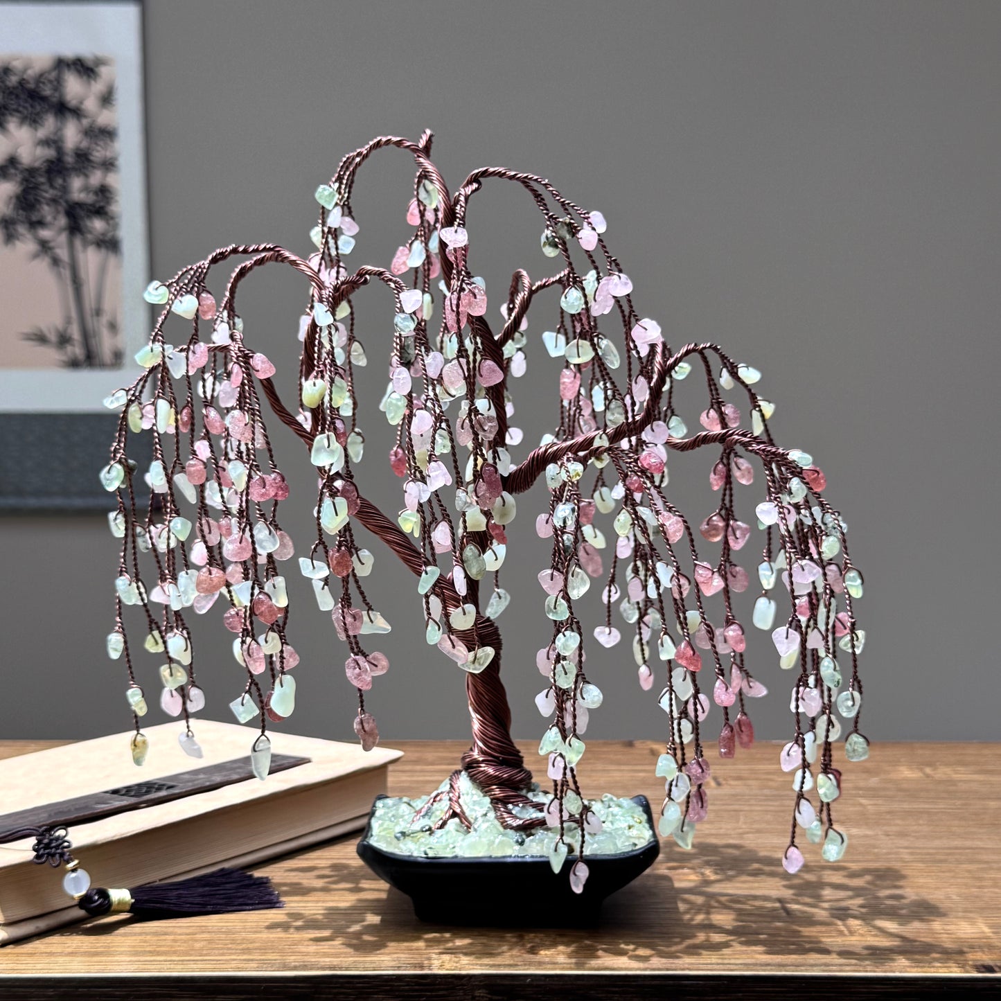 Prehnite, Jade,Strawberry quartz, Rose quartz Willow Crystal Tree