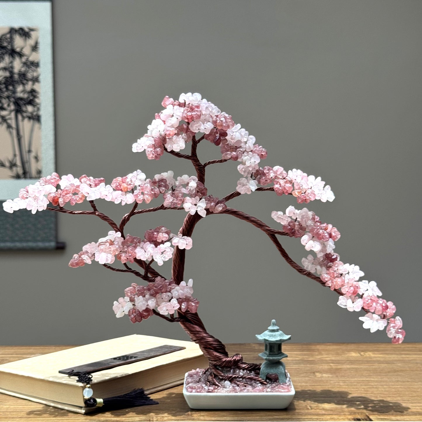 Large Strawberry- Rose Quartz Pagoda Bonsai Crystal Tree
