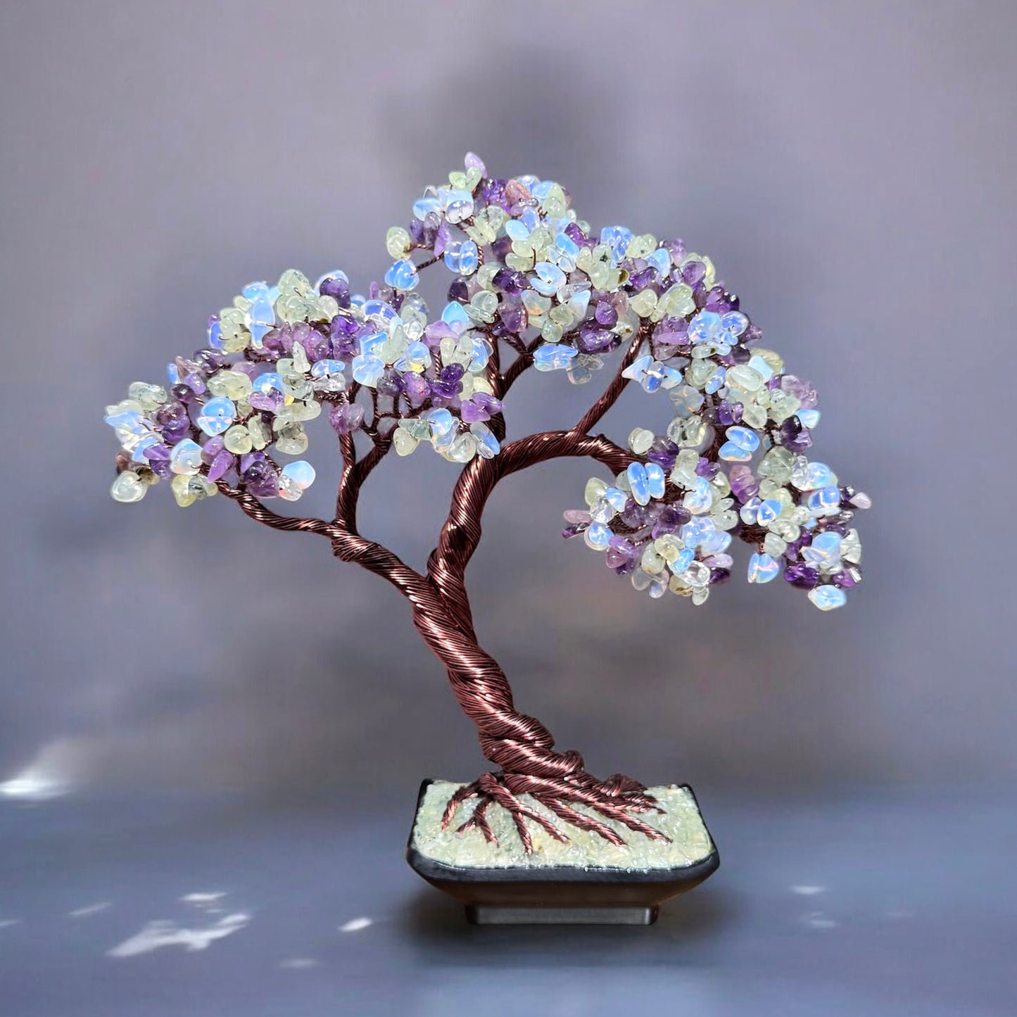 Amethyst, Prehnite and Opal Bonsai Crystal Tree
