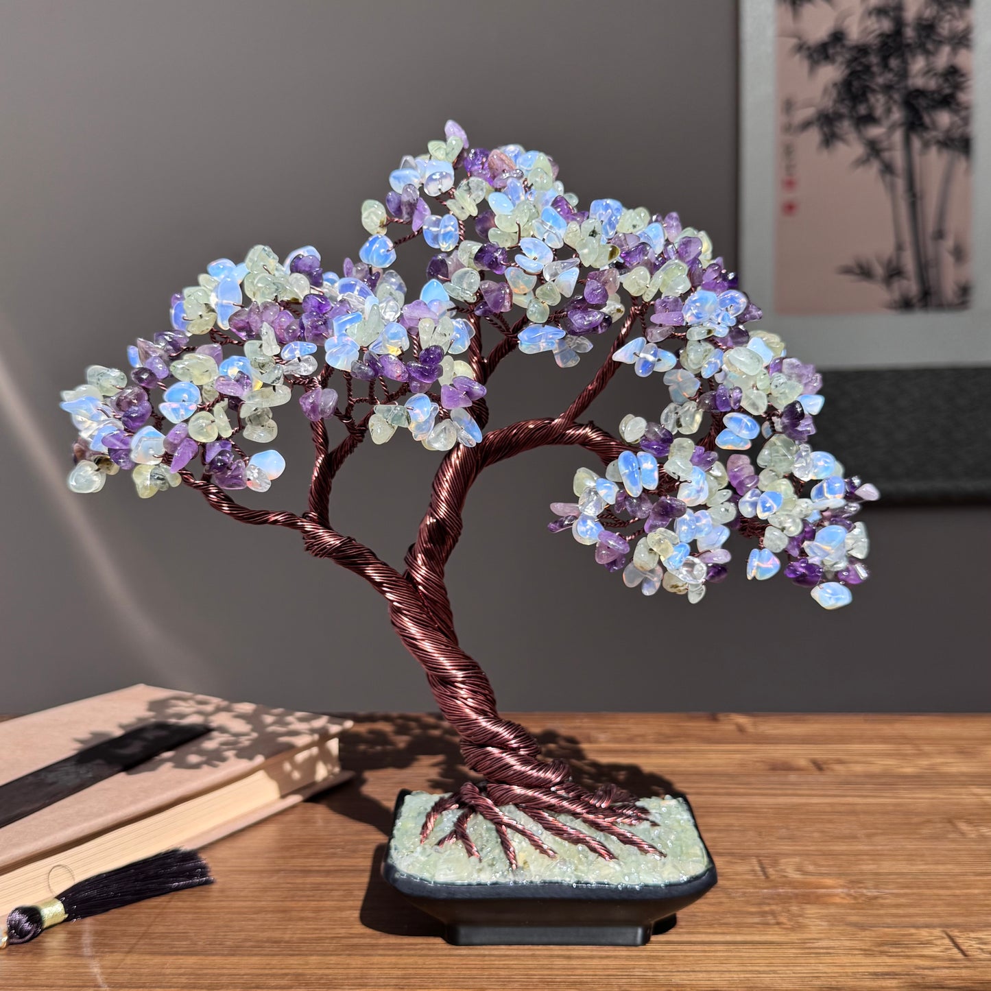 Amethyst, Prehnite and Opal Bonsai Crystal Tree