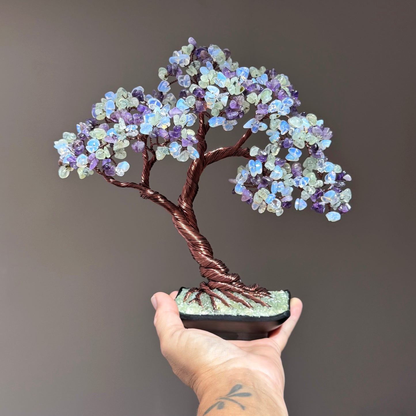 Amethyst, Prehnite and Opal Bonsai Crystal Tree