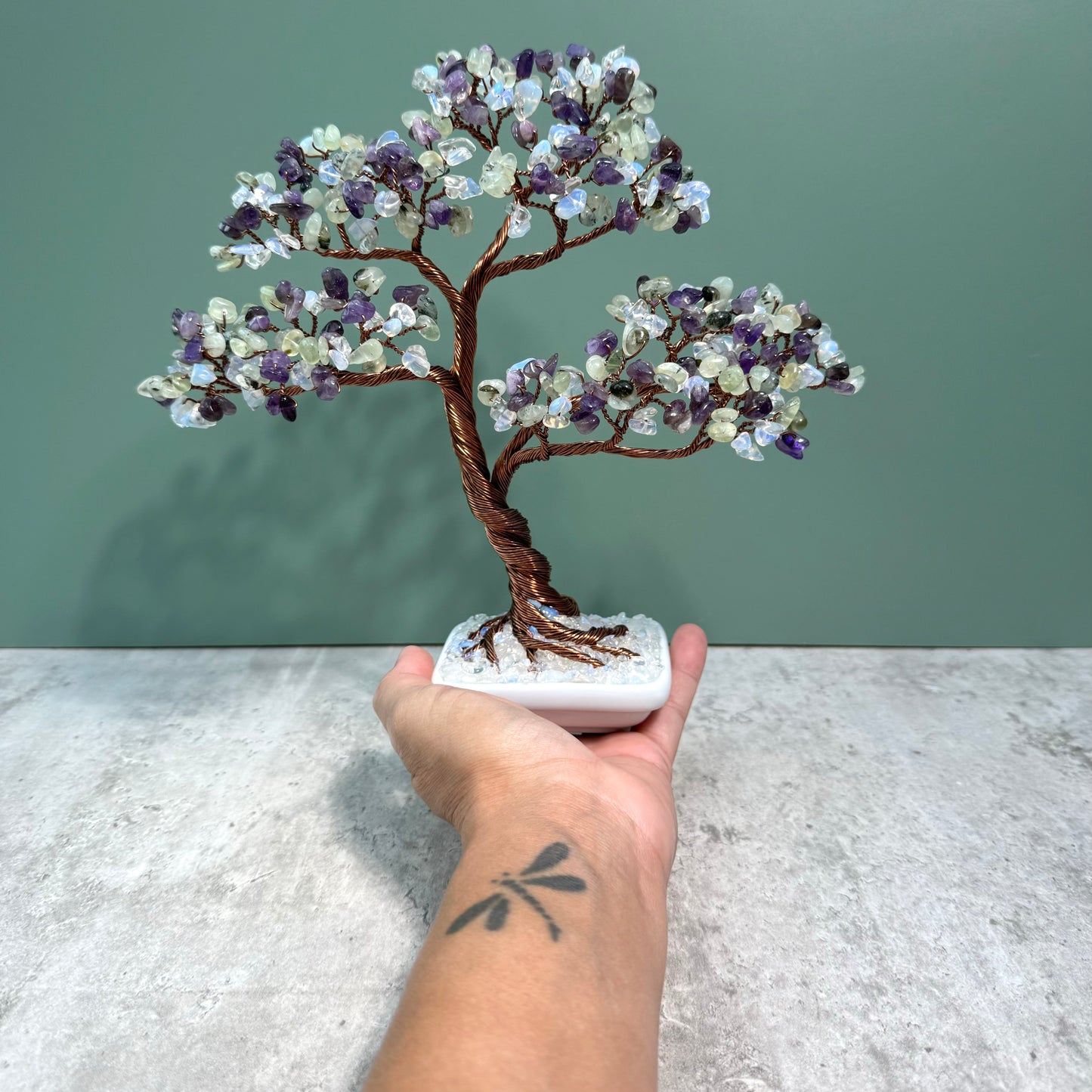 Amethyst, Prehnite, Opal Bonsai Crystal Tree