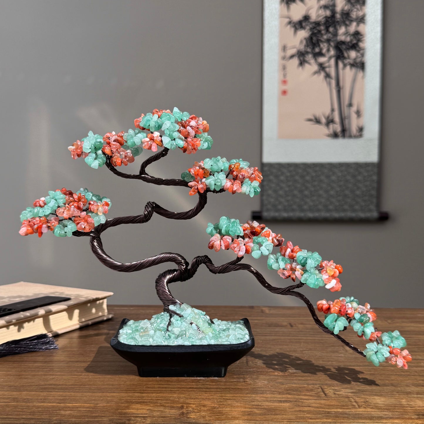 Green Aventurine and Milky Carnelian Bonsai Crystal Tree