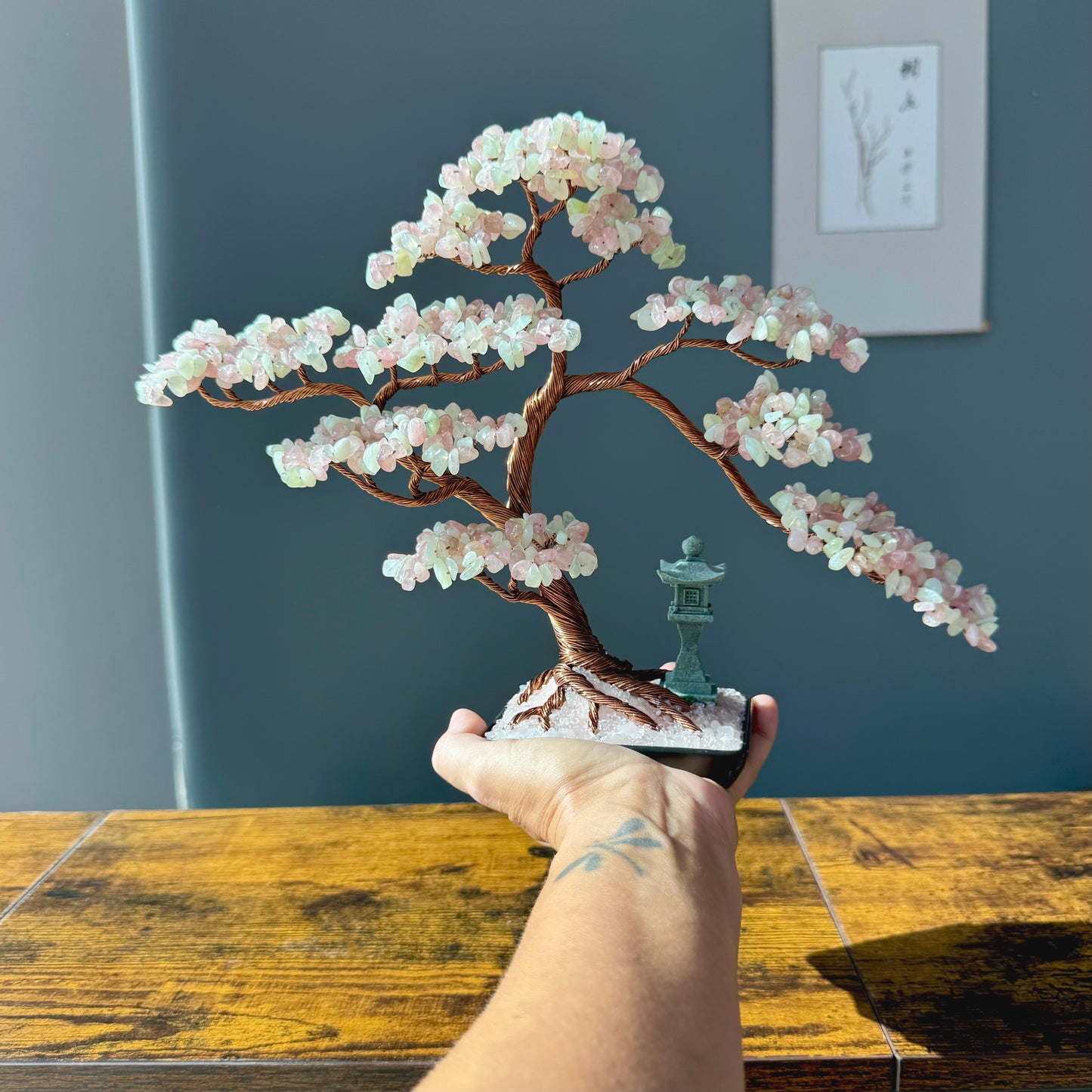 Large Madagascar Rose Quartz and Jade Crystal Bonsai Tree