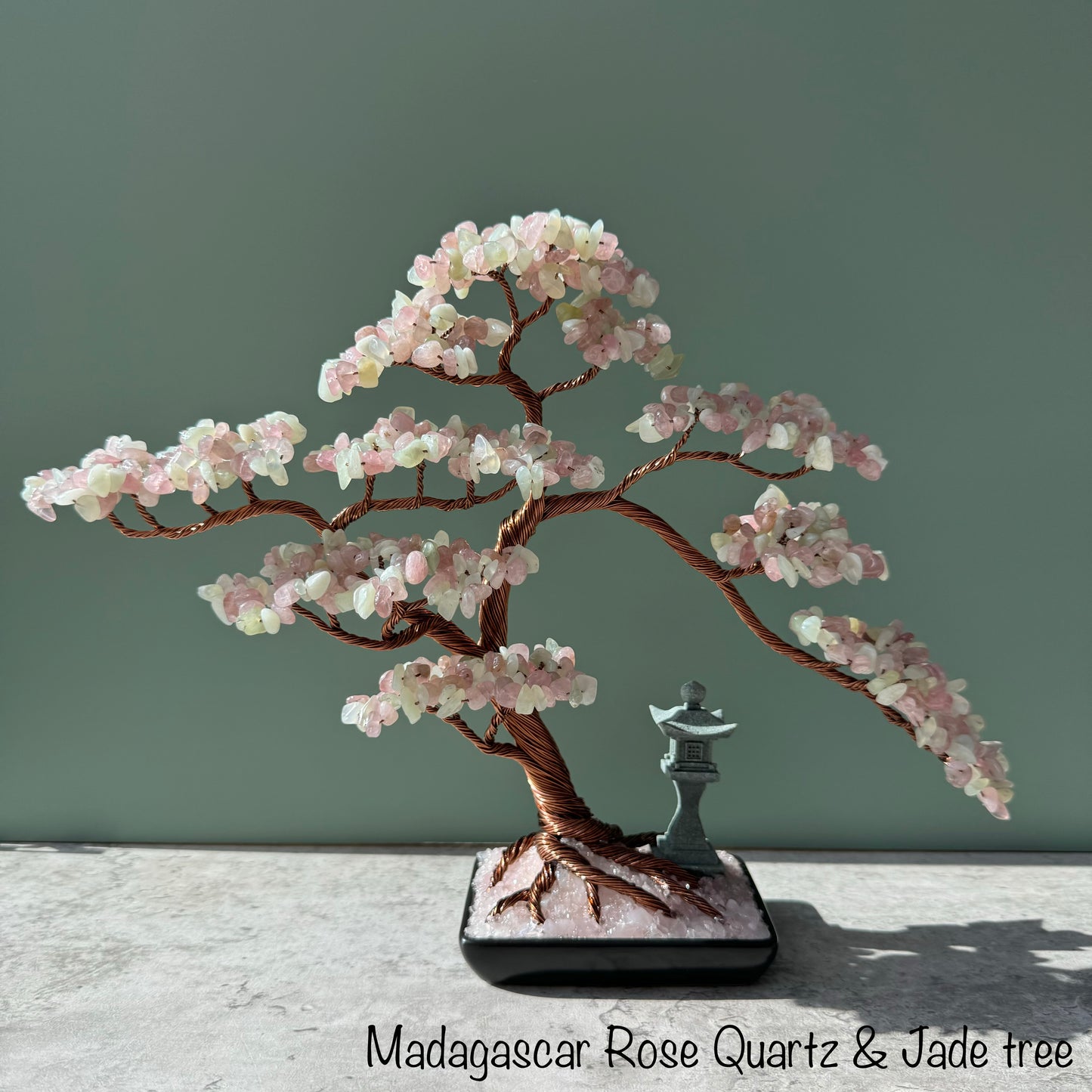 Large Madagascar Rose Quartz and Jade Crystal Bonsai Tree