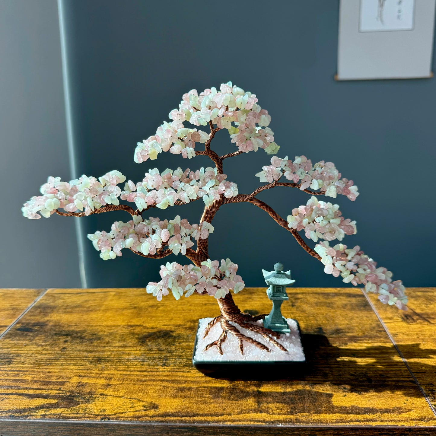 Large Madagascar Rose Quartz and Jade Crystal Bonsai Tree