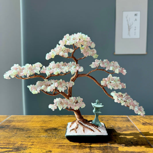 Large Madagascar Rose Quartz and Jade Crystal Bonsai Tree