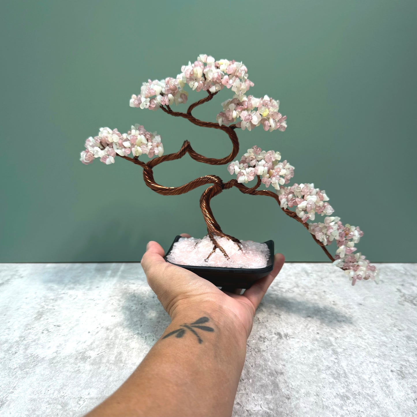 Madagascar Rose Quartz and Jade Bonsai Crystal Tree