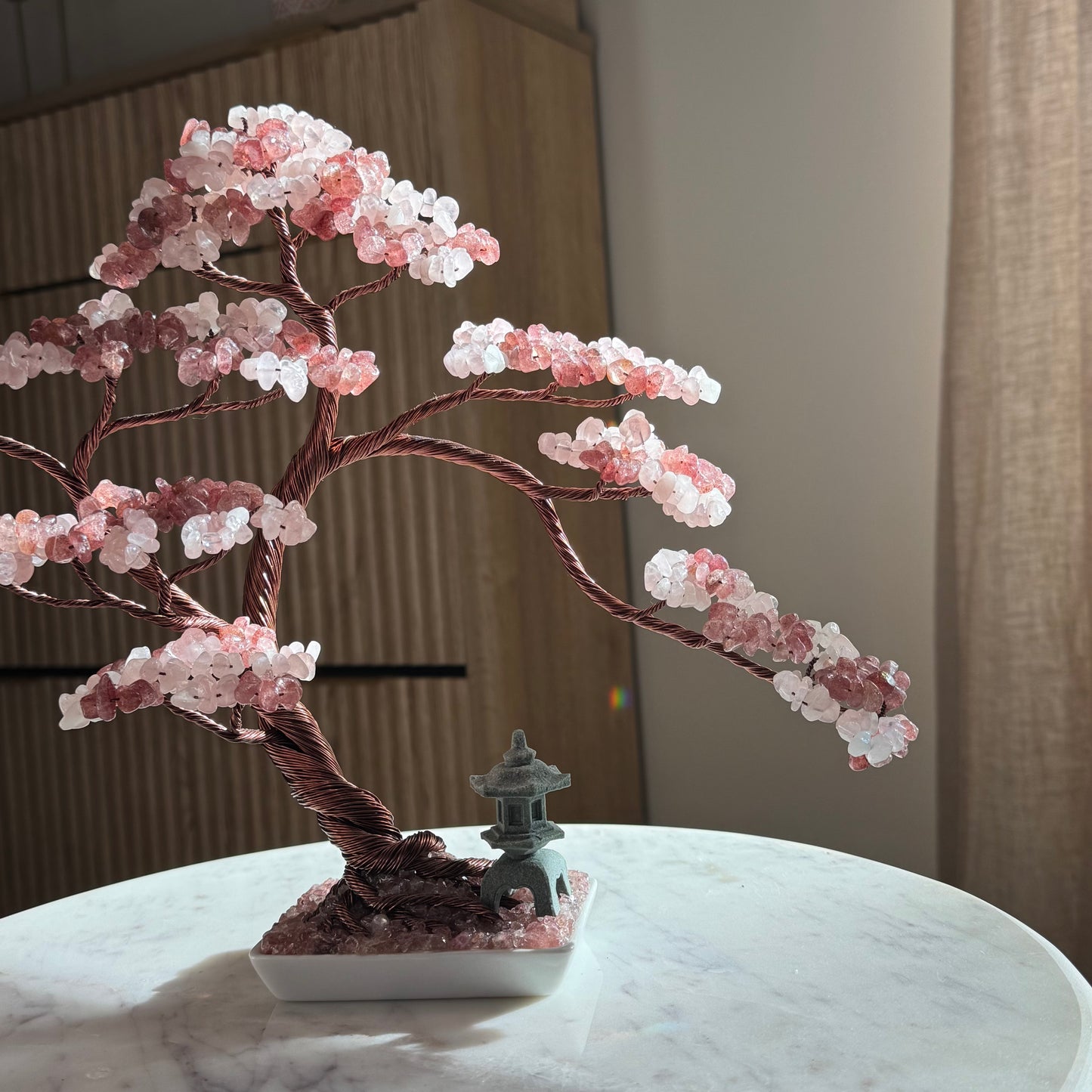 Large Strawberry & Rose Quartz Pagoda Bonsai Crystal Tree