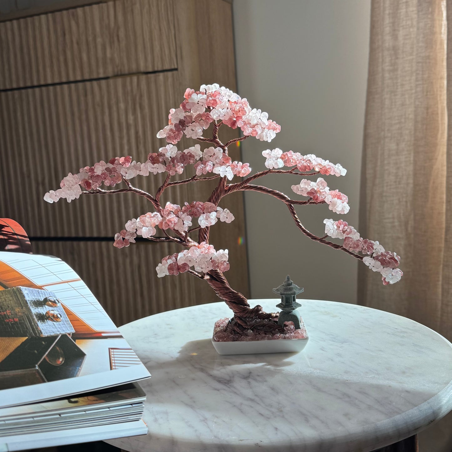 Large Strawberry & Rose Quartz Pagoda Bonsai Crystal Tree